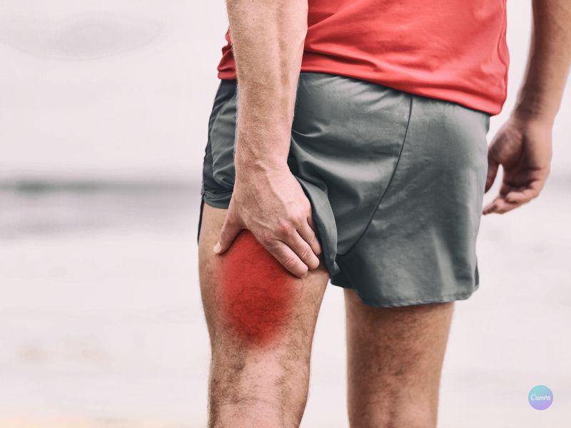 Oblast bolesti nataženého hamstringu po běhání nebo při fotbale. 